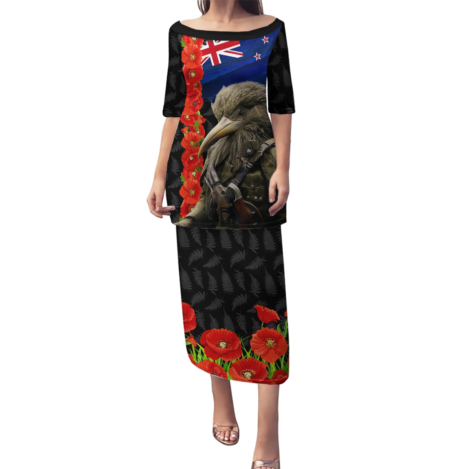New Zealand Kiwi Soldier ANZAC Puletasi Red Poppy Flower and Silver Fern Pattern
