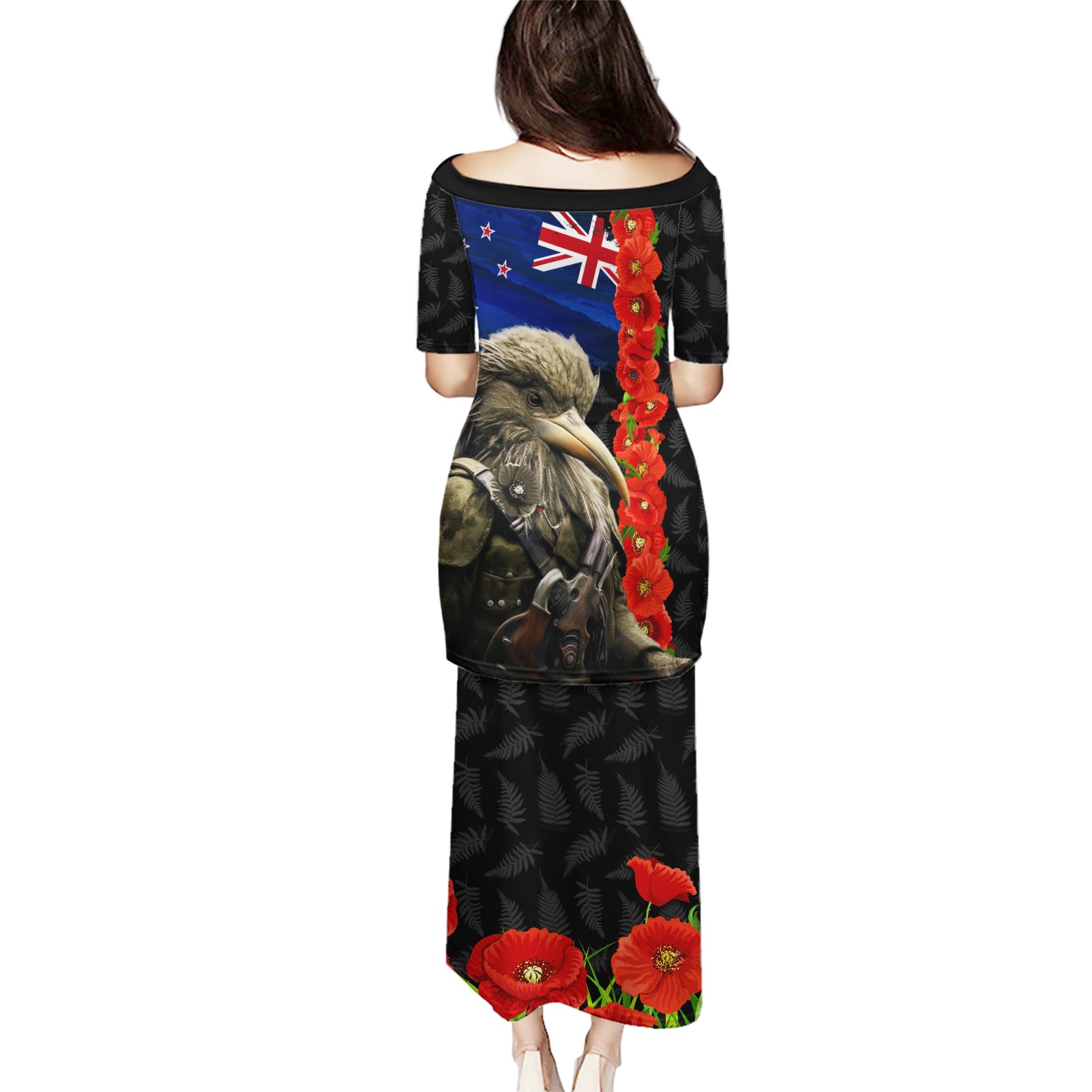 New Zealand Kiwi Soldier ANZAC Puletasi Red Poppy Flower and Silver Fern Pattern