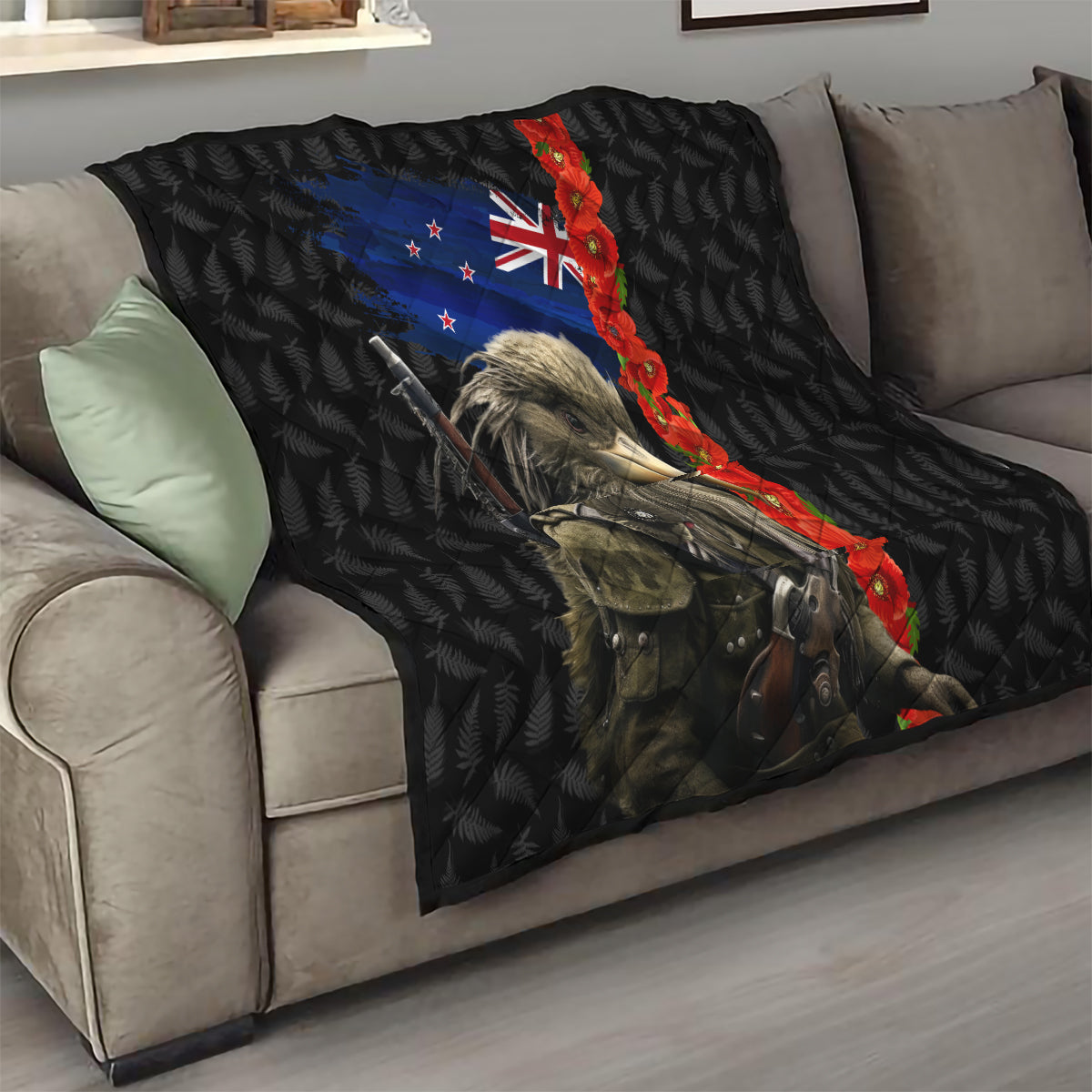 New Zealand Kiwi Soldier ANZAC Quilt Red Poppy Flower and Silver Fern Pattern