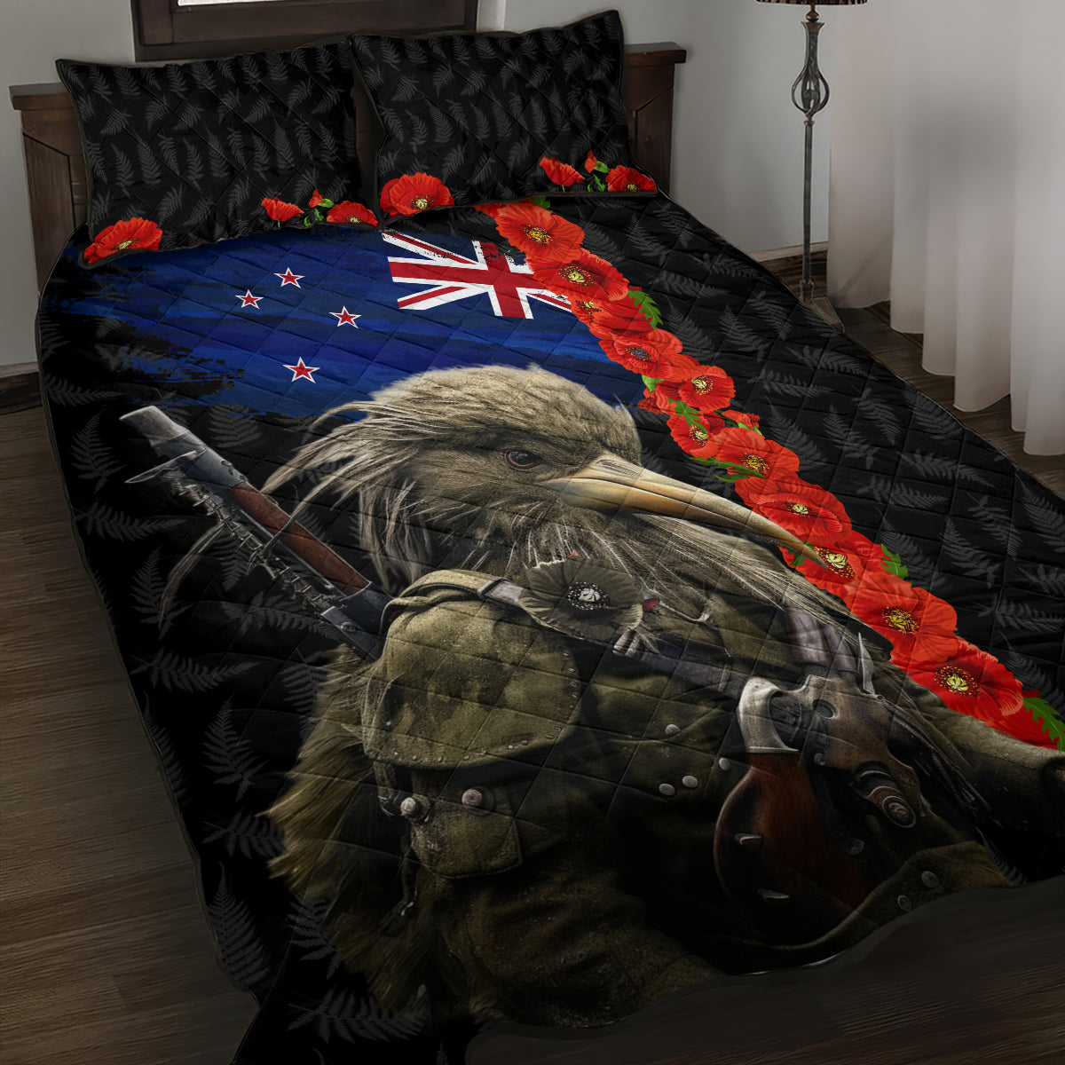 New Zealand Kiwi Soldier ANZAC Quilt Bed Set Red Poppy Flower and Silver Fern Pattern