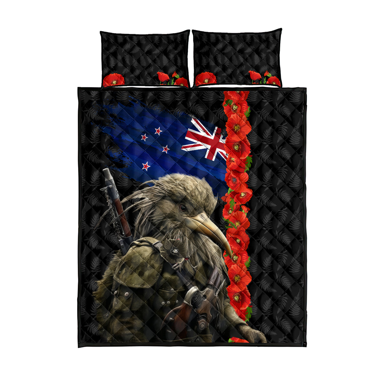 New Zealand Kiwi Soldier ANZAC Quilt Bed Set Red Poppy Flower and Silver Fern Pattern