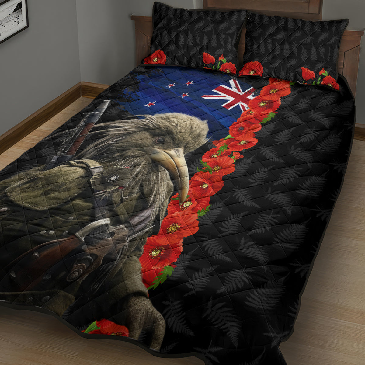 New Zealand Kiwi Soldier ANZAC Quilt Bed Set Red Poppy Flower and Silver Fern Pattern