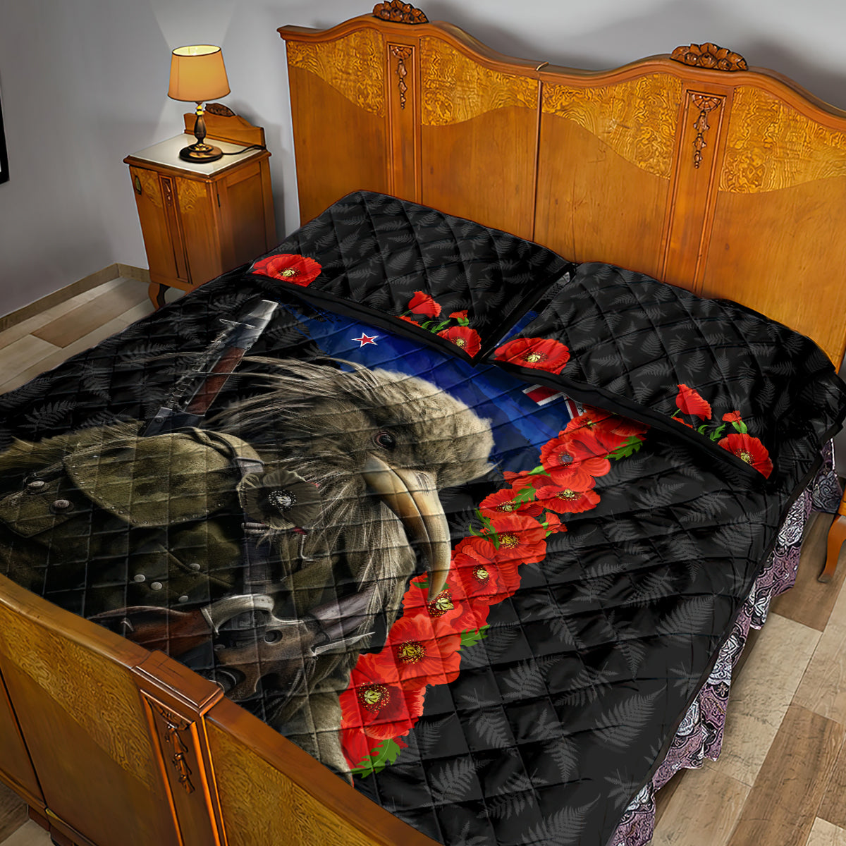 New Zealand Kiwi Soldier ANZAC Quilt Bed Set Red Poppy Flower and Silver Fern Pattern
