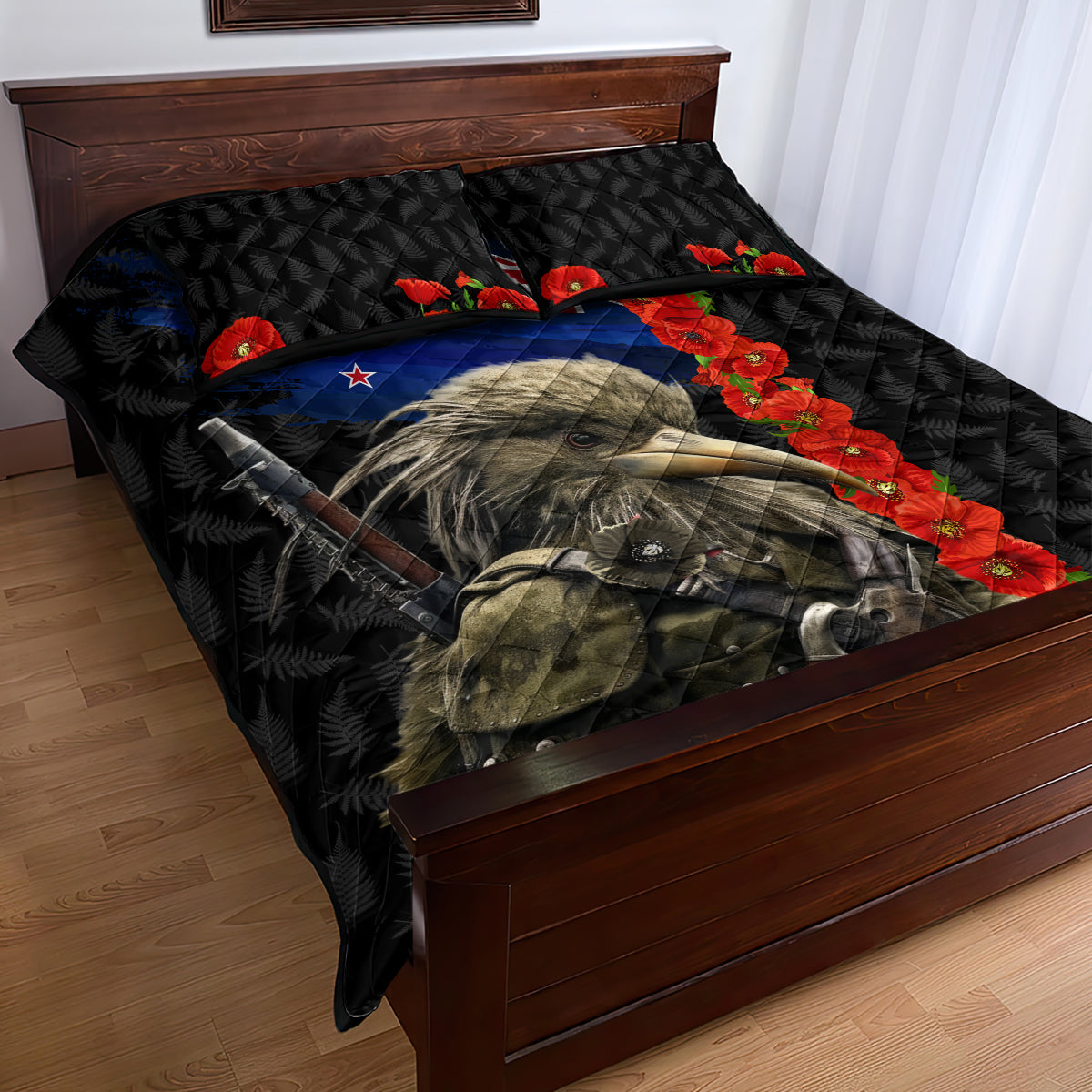 New Zealand Kiwi Soldier ANZAC Quilt Bed Set Red Poppy Flower and Silver Fern Pattern