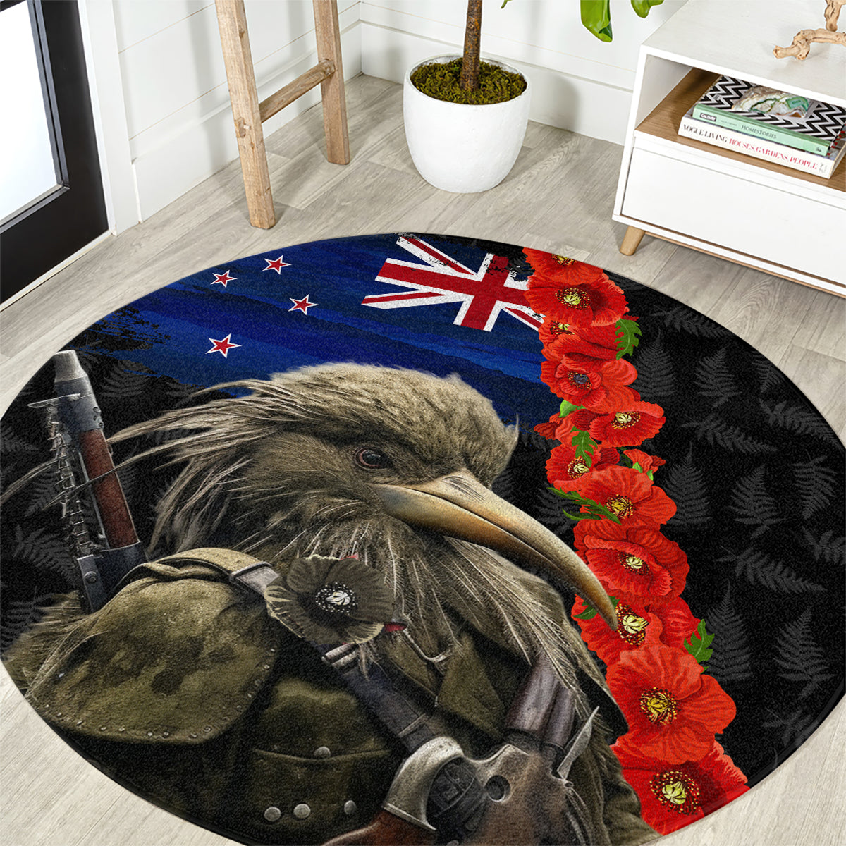 New Zealand Kiwi Soldier ANZAC Round Carpet Red Poppy Flower and Silver Fern Pattern