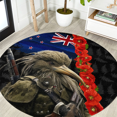 New Zealand Kiwi Soldier ANZAC Round Carpet Red Poppy Flower and Silver Fern Pattern