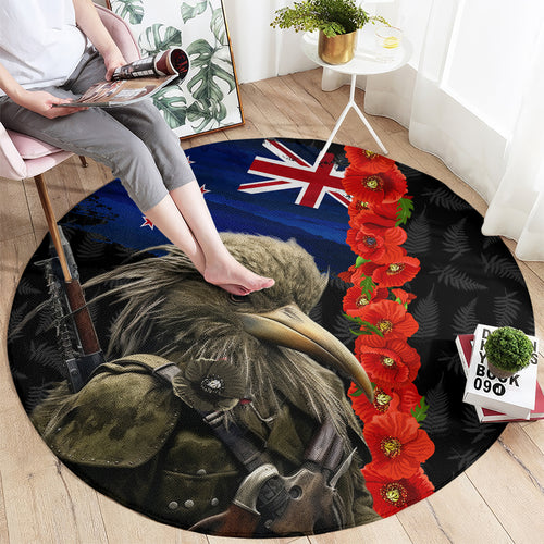 New Zealand Kiwi Soldier ANZAC Round Carpet Red Poppy Flower and Silver Fern Pattern