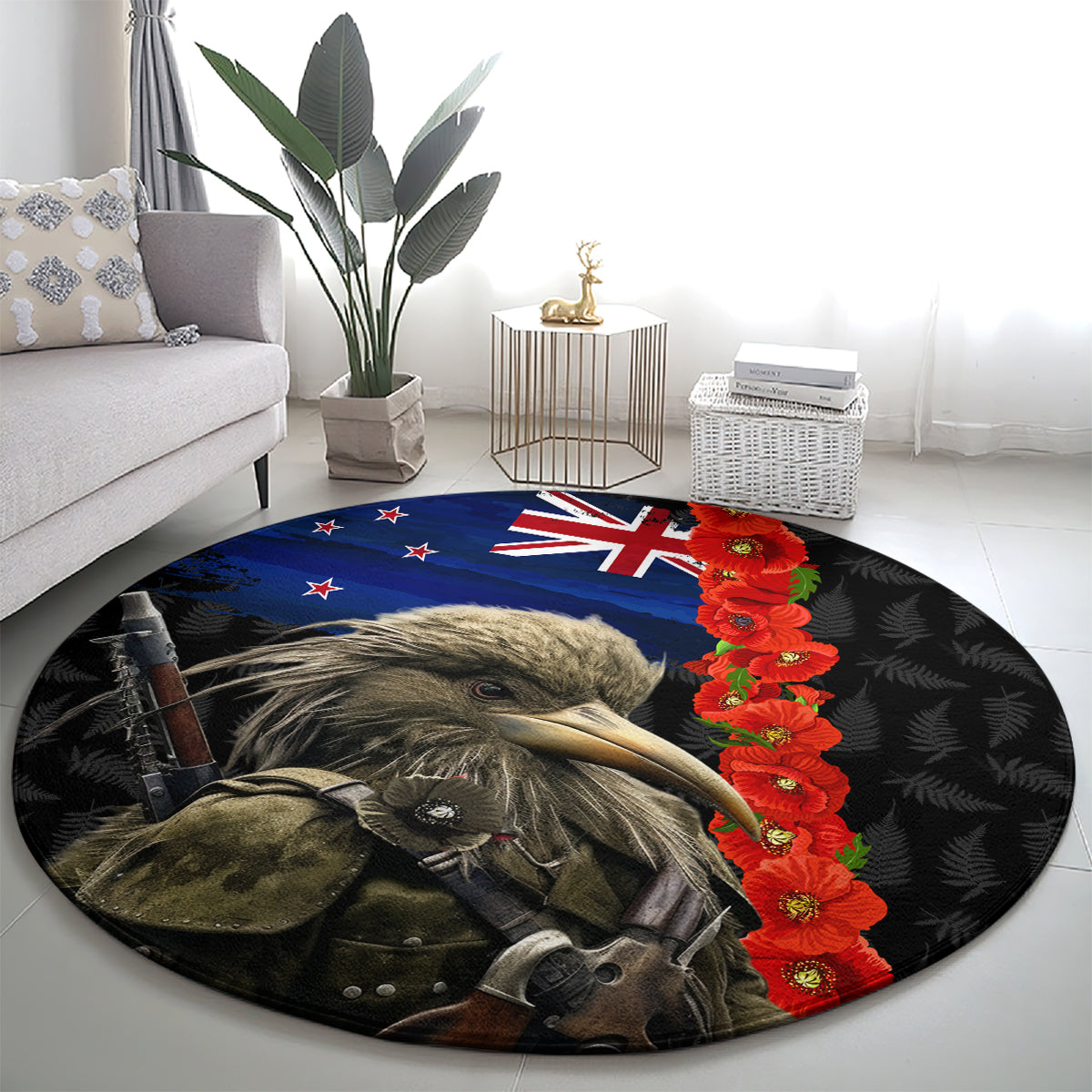 New Zealand Kiwi Soldier ANZAC Round Carpet Red Poppy Flower and Silver Fern Pattern