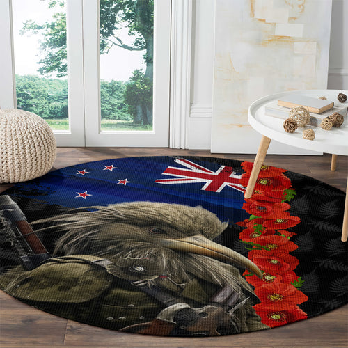 New Zealand Kiwi Soldier ANZAC Round Carpet Red Poppy Flower and Silver Fern Pattern