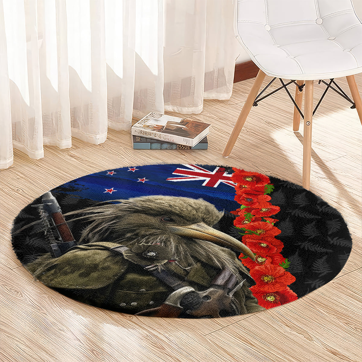 New Zealand Kiwi Soldier ANZAC Round Carpet Red Poppy Flower and Silver Fern Pattern