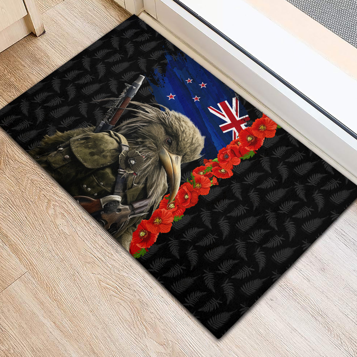 New Zealand Kiwi Soldier ANZAC Rubber Doormat Red Poppy Flower and Silver Fern Pattern