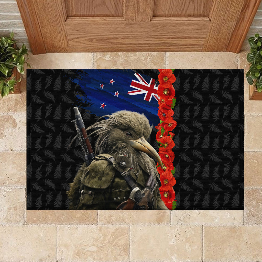 New Zealand Kiwi Soldier ANZAC Rubber Doormat Red Poppy Flower and Silver Fern Pattern