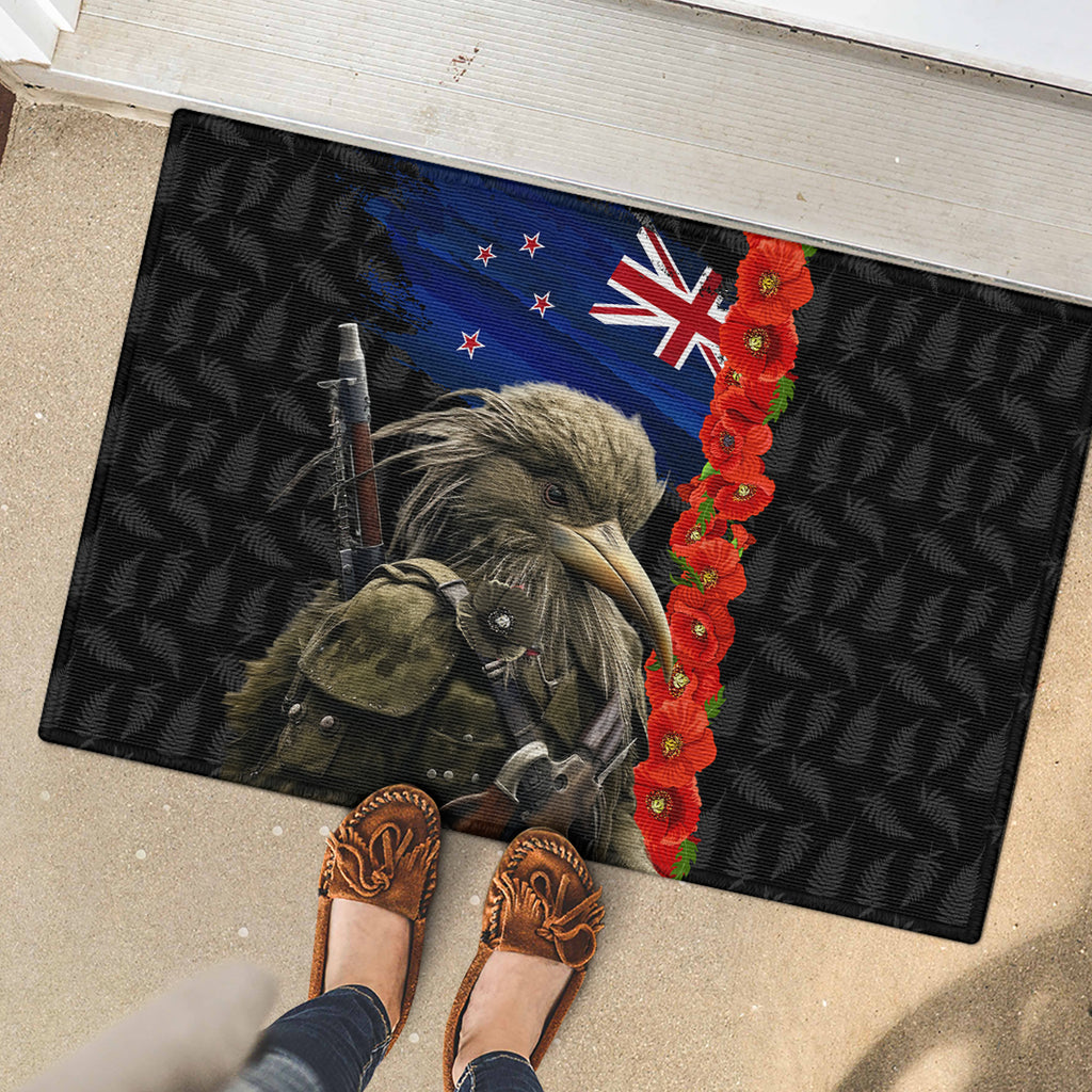 New Zealand Kiwi Soldier ANZAC Rubber Doormat Red Poppy Flower and Silver Fern Pattern