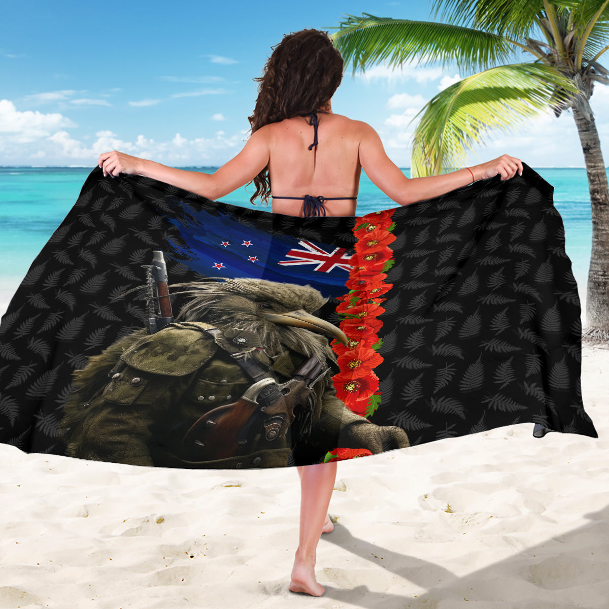 New Zealand Kiwi Soldier ANZAC Sarong Red Poppy Flower and Silver Fern Pattern