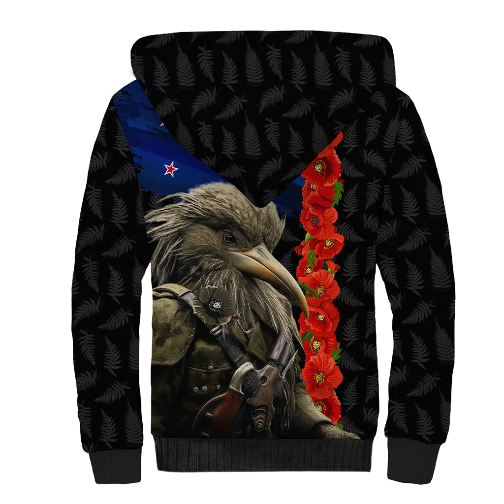 New Zealand Kiwi Soldier ANZAC Sherpa Hoodie Red Poppy Flower and Silver Fern Pattern