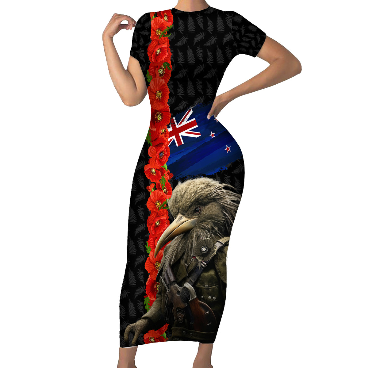 New Zealand Kiwi Soldier ANZAC Short Sleeve Bodycon Dress Red Poppy Flower and Silver Fern Pattern