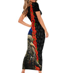New Zealand Kiwi Soldier ANZAC Short Sleeve Bodycon Dress Red Poppy Flower and Silver Fern Pattern