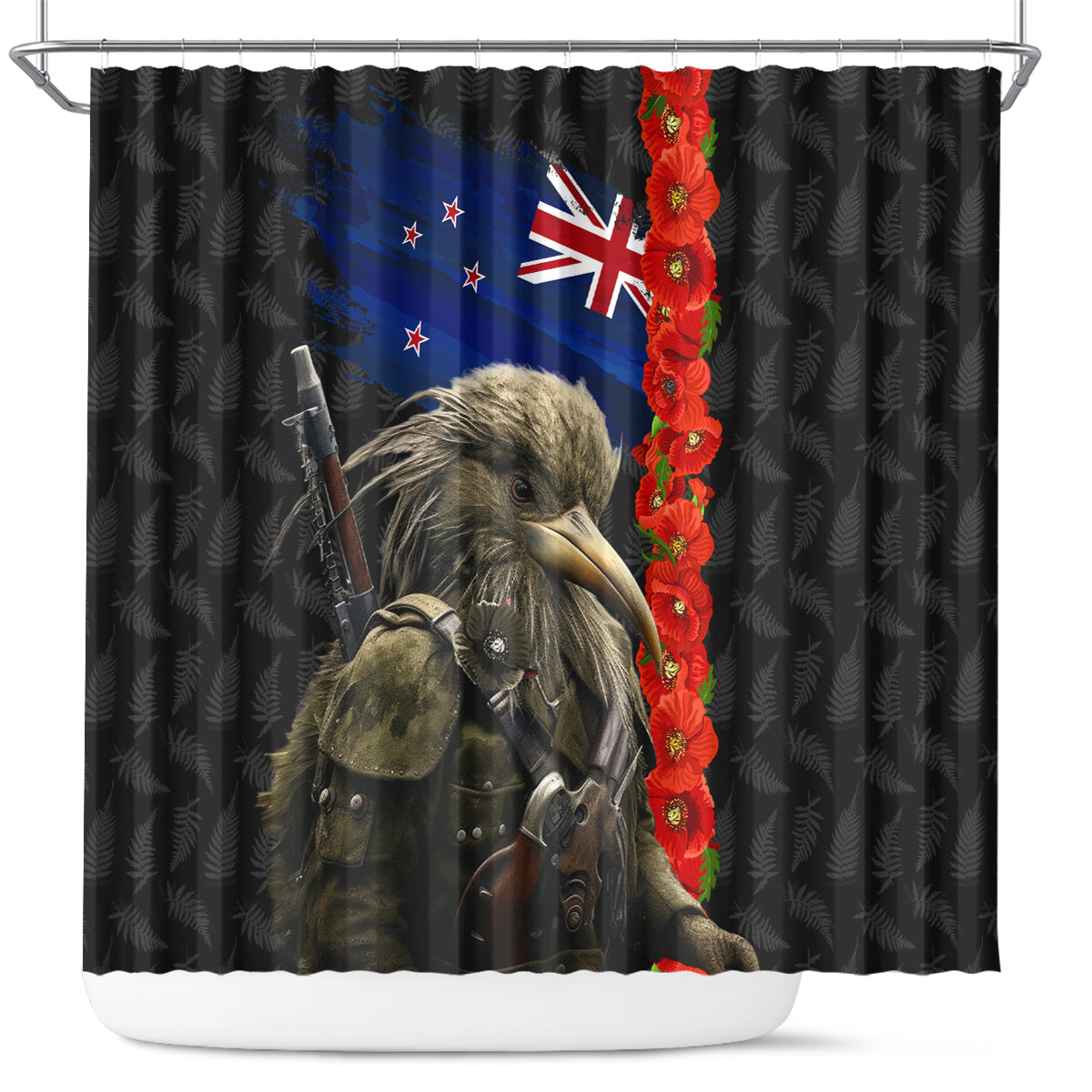 New Zealand Kiwi Soldier ANZAC Shower Curtain Red Poppy Flower and Silver Fern Pattern