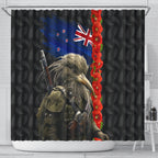 New Zealand Kiwi Soldier ANZAC Shower Curtain Red Poppy Flower and Silver Fern Pattern