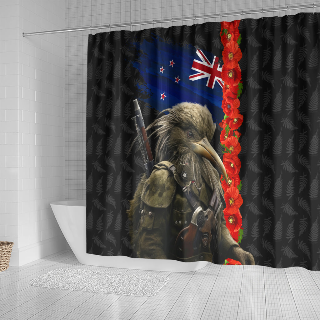 New Zealand Kiwi Soldier ANZAC Shower Curtain Red Poppy Flower and Silver Fern Pattern