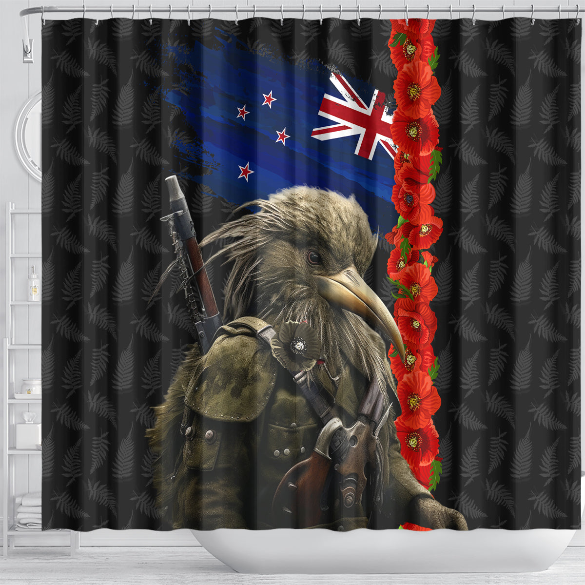 New Zealand Kiwi Soldier ANZAC Shower Curtain Red Poppy Flower and Silver Fern Pattern