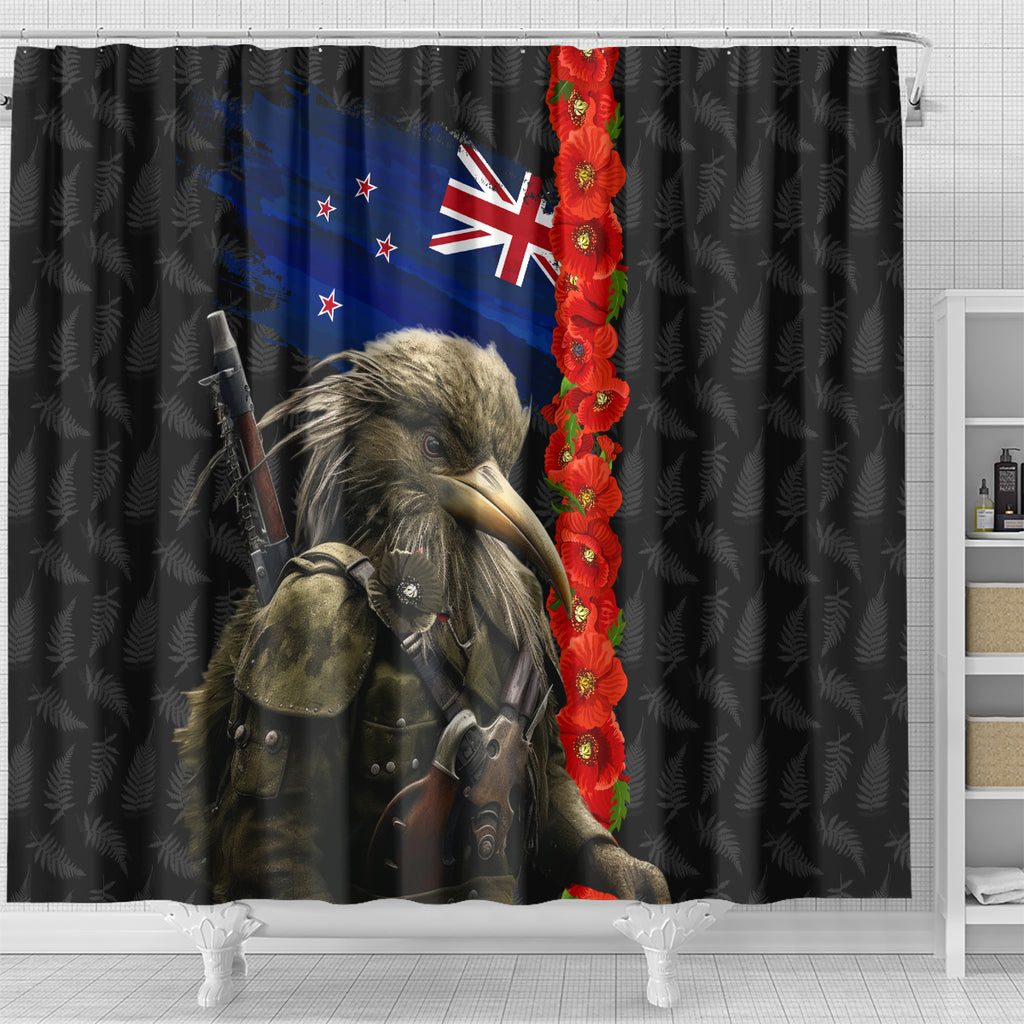 New Zealand Kiwi Soldier ANZAC Shower Curtain Red Poppy Flower and Silver Fern Pattern