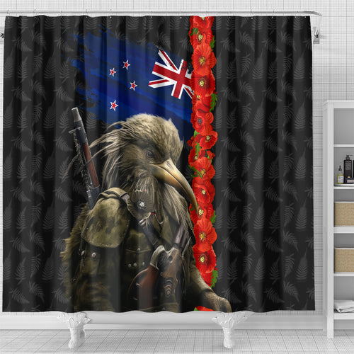 New Zealand Kiwi Soldier ANZAC Shower Curtain Red Poppy Flower and Silver Fern Pattern