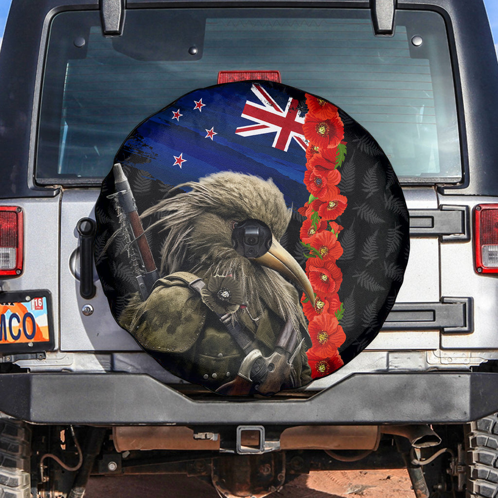 New Zealand Kiwi Soldier ANZAC Spare Tire Cover Red Poppy Flower and Silver Fern Pattern