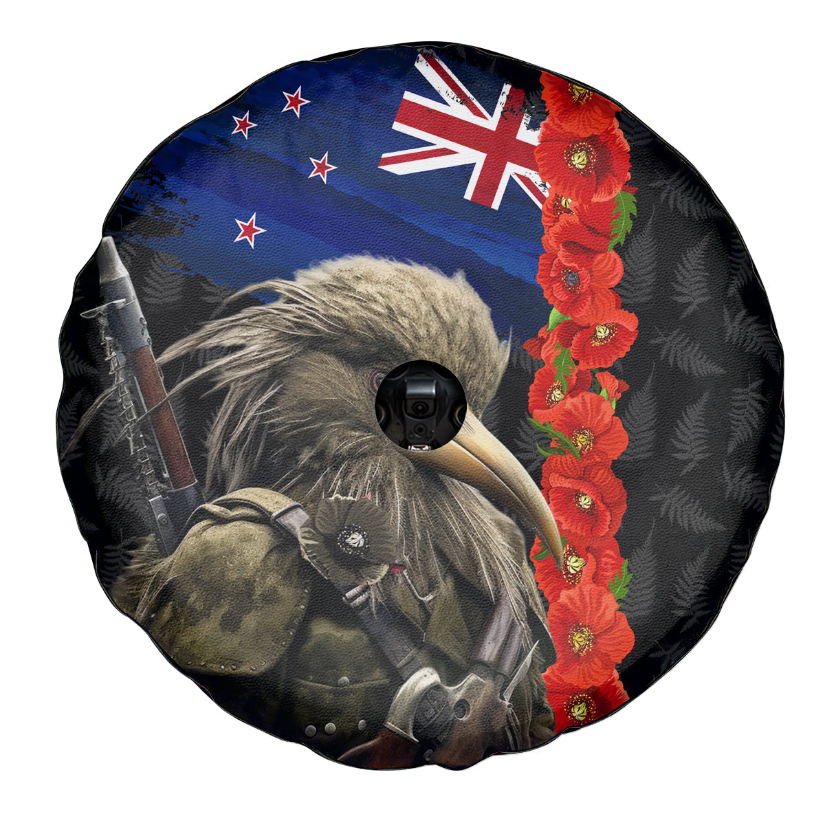 New Zealand Kiwi Soldier ANZAC Spare Tire Cover Red Poppy Flower and Silver Fern Pattern