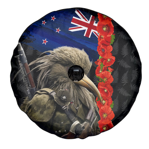 New Zealand Kiwi Soldier ANZAC Spare Tire Cover Red Poppy Flower and Silver Fern Pattern