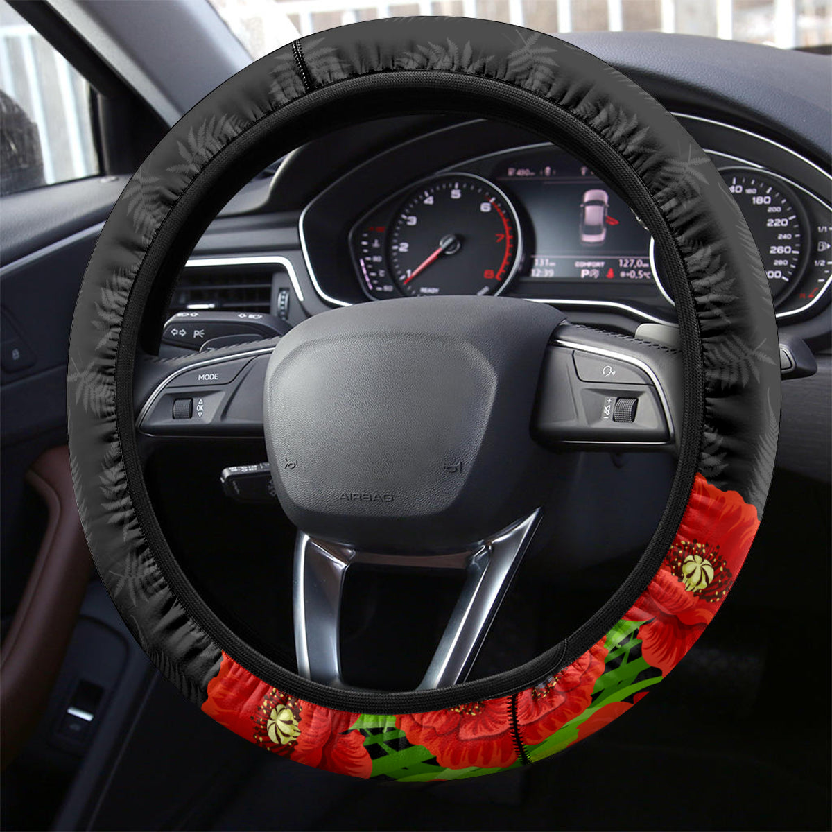 New Zealand Kiwi Soldier ANZAC Steering Wheel Cover Red Poppy Flower and Silver Fern Pattern
