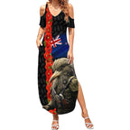 New Zealand Kiwi Soldier ANZAC Summer Maxi Dress Red Poppy Flower and Silver Fern Pattern