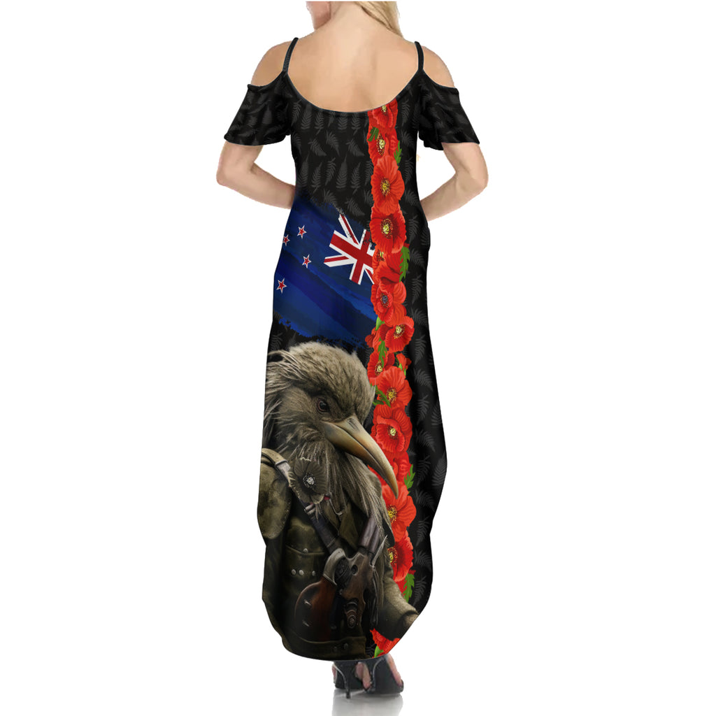 New Zealand Kiwi Soldier ANZAC Summer Maxi Dress Red Poppy Flower and Silver Fern Pattern