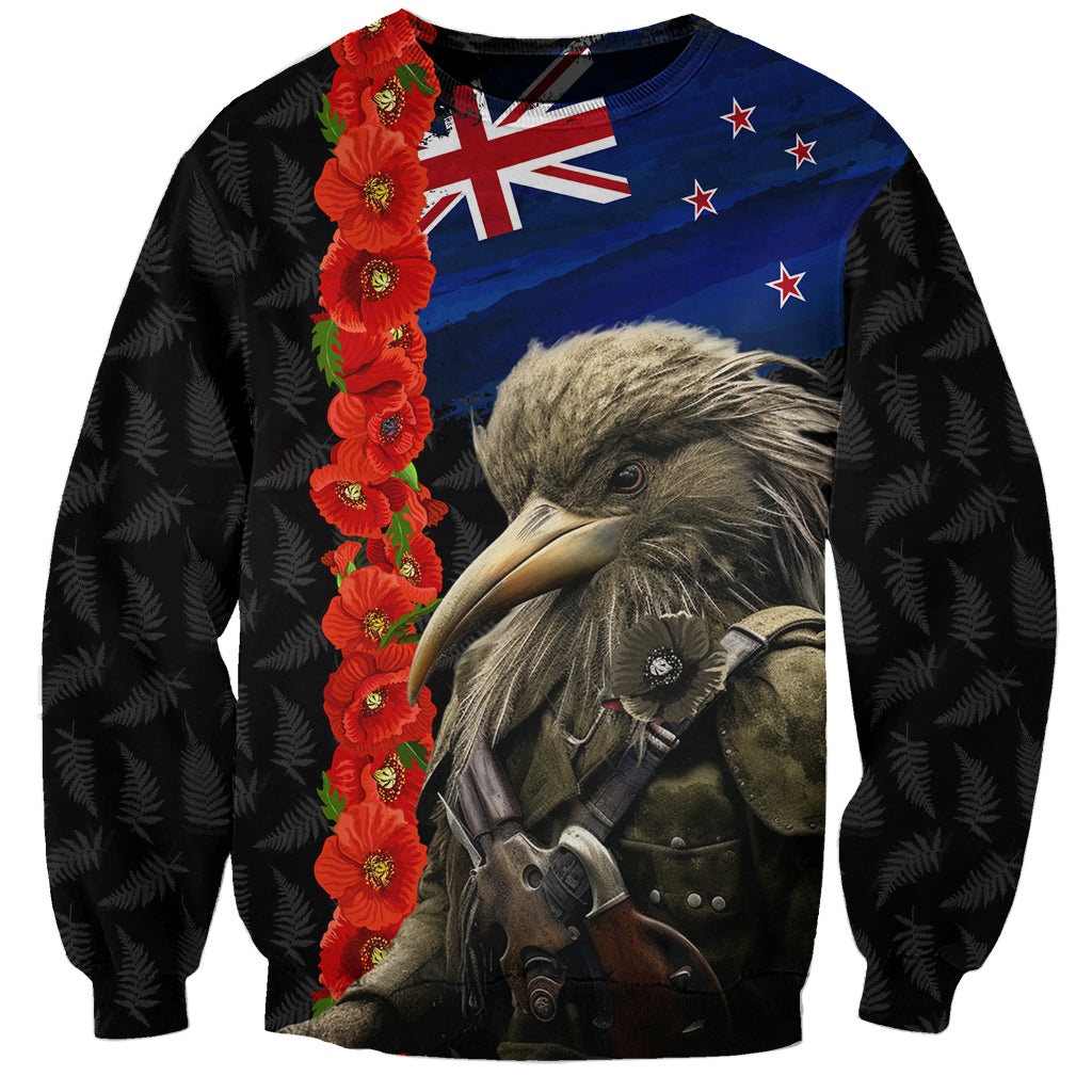 New Zealand Kiwi Soldier ANZAC Sweatshirt Red Poppy Flower and Silver Fern Pattern