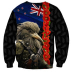 New Zealand Kiwi Soldier ANZAC Sweatshirt Red Poppy Flower and Silver Fern Pattern