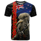 New Zealand Kiwi Soldier ANZAC T Shirt Red Poppy Flower and Silver Fern Pattern