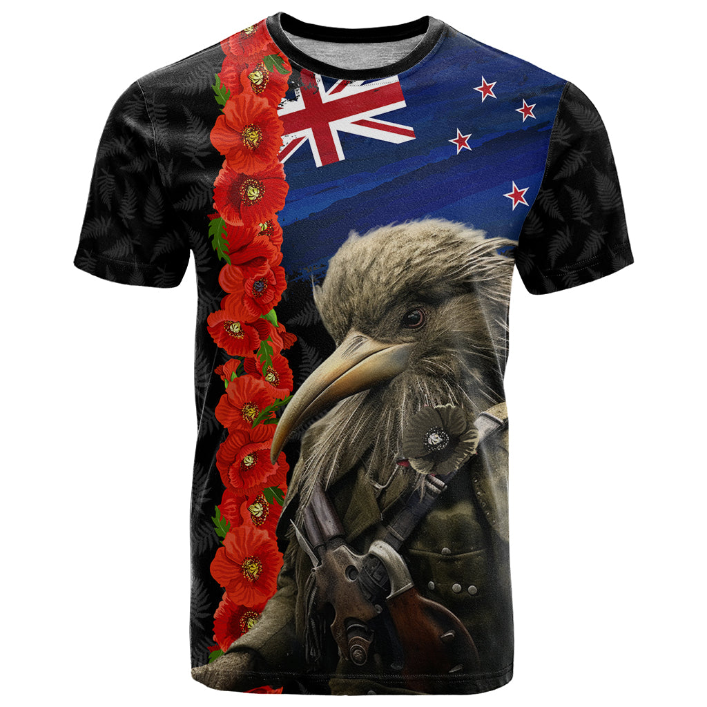New Zealand Kiwi Soldier ANZAC T Shirt Red Poppy Flower and Silver Fern Pattern