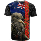 New Zealand Kiwi Soldier ANZAC T Shirt Red Poppy Flower and Silver Fern Pattern