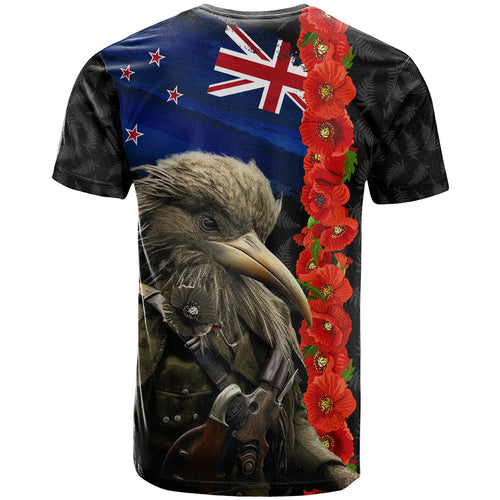New Zealand Kiwi Soldier ANZAC T Shirt Red Poppy Flower and Silver Fern Pattern
