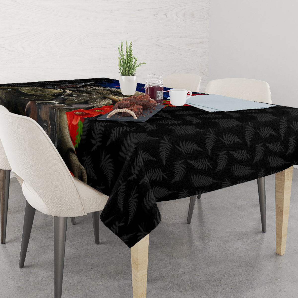 New Zealand Kiwi Soldier ANZAC Tablecloth Red Poppy Flower and Silver Fern Pattern