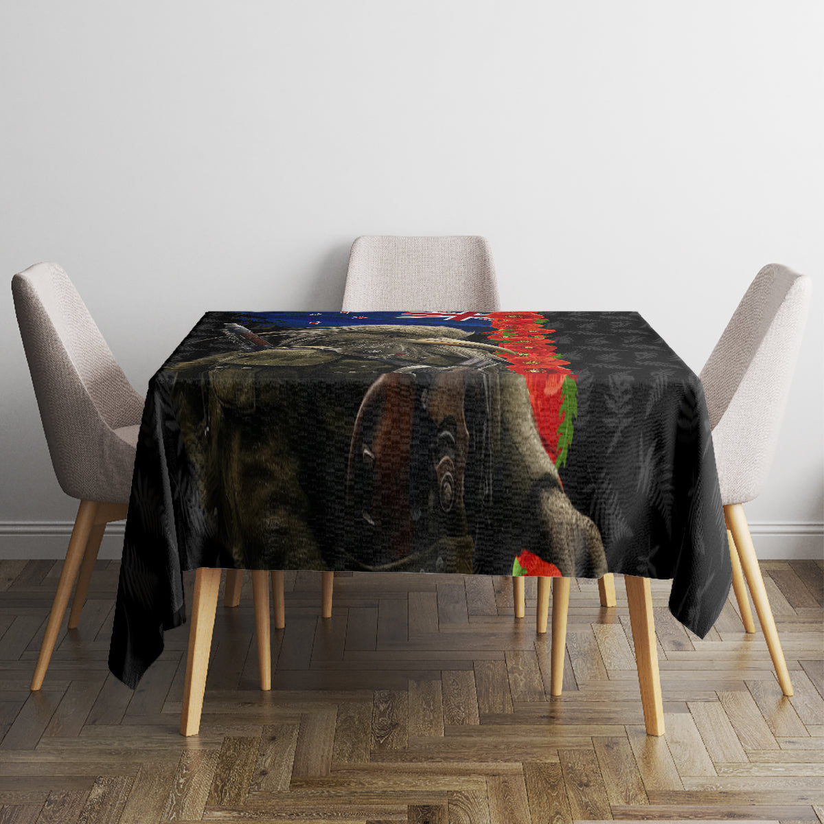 New Zealand Kiwi Soldier ANZAC Tablecloth Red Poppy Flower and Silver Fern Pattern