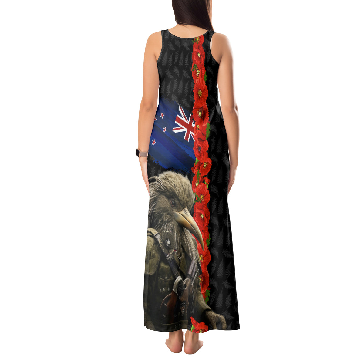 New Zealand Kiwi Soldier ANZAC Tank Maxi Dress Red Poppy Flower and Silver Fern Pattern