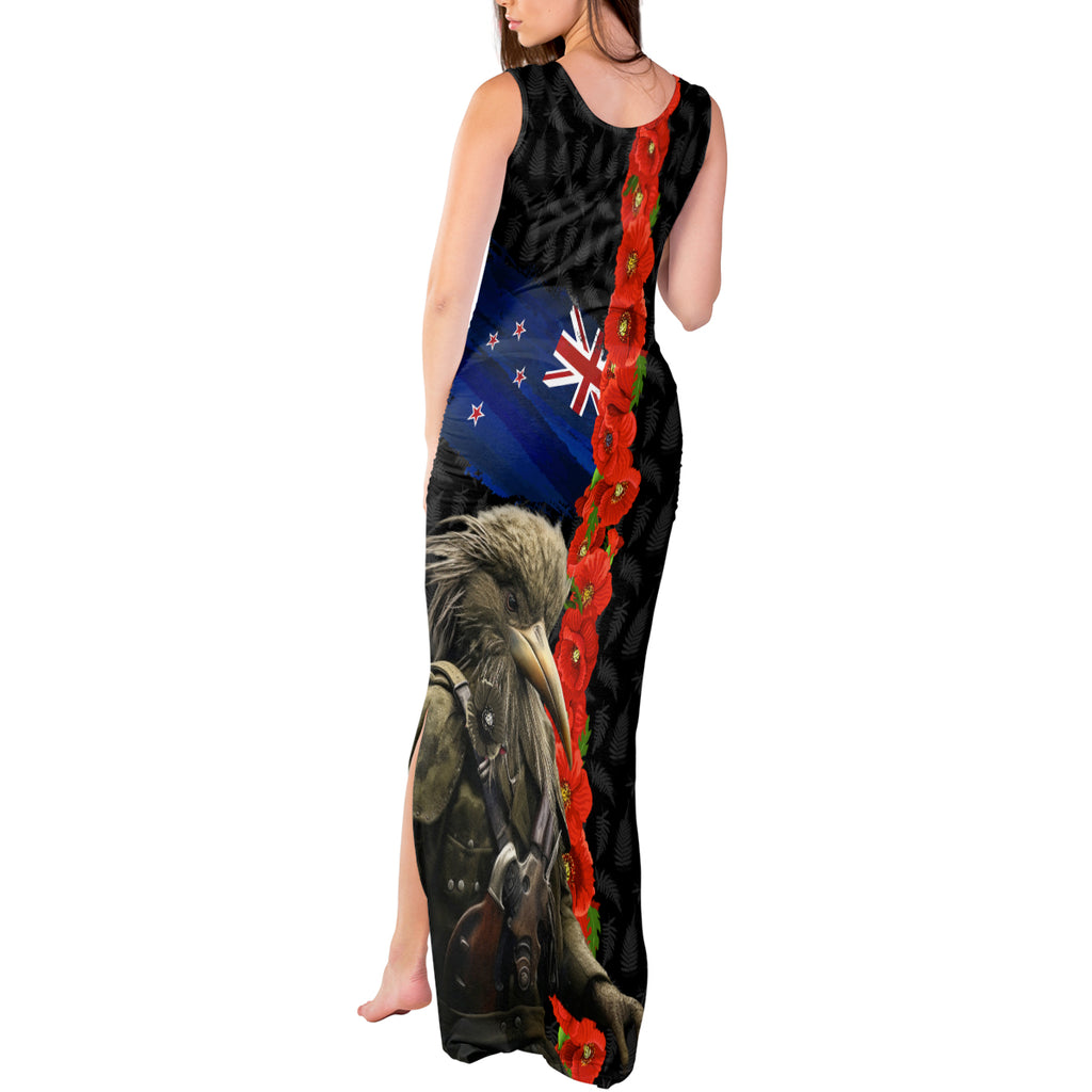 New Zealand Kiwi Soldier ANZAC Tank Maxi Dress Red Poppy Flower and Silver Fern Pattern