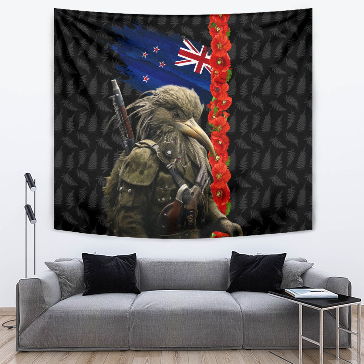 New Zealand Kiwi Soldier ANZAC Tapestry Red Poppy Flower and Silver Fern Pattern