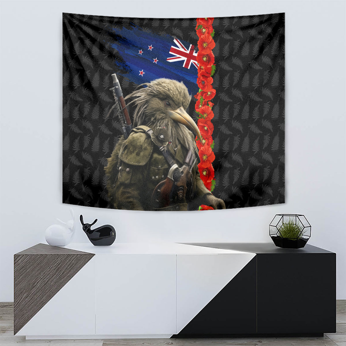 New Zealand Kiwi Soldier ANZAC Tapestry Red Poppy Flower and Silver Fern Pattern