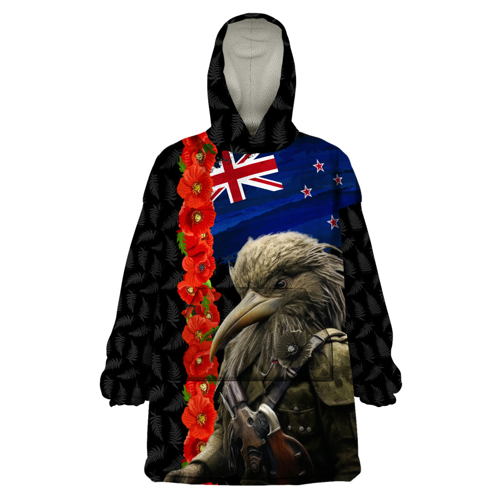 New Zealand Kiwi Soldier ANZAC Wearable Blanket Hoodie Red Poppy Flower and Silver Fern Pattern