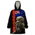 New Zealand Kiwi Soldier ANZAC Wearable Blanket Hoodie Red Poppy Flower and Silver Fern Pattern