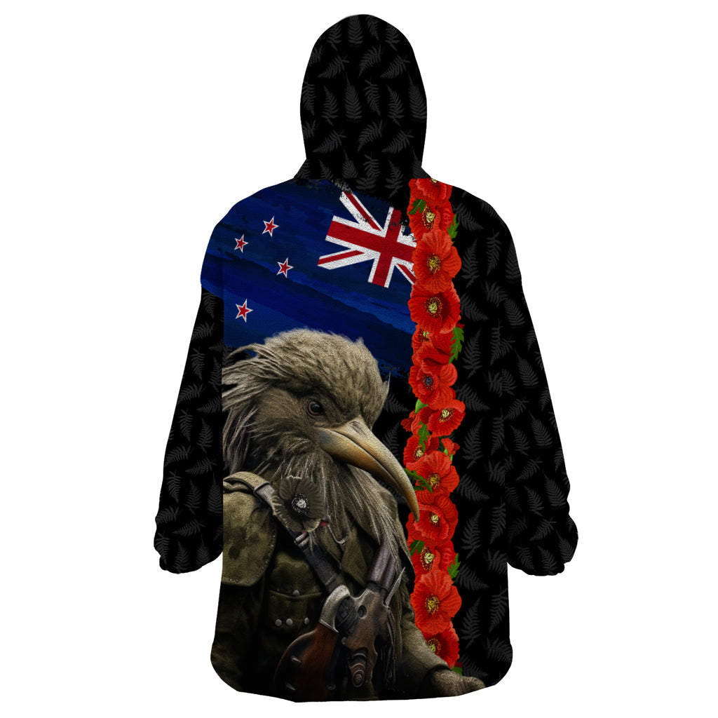 New Zealand Kiwi Soldier ANZAC Wearable Blanket Hoodie Red Poppy Flower and Silver Fern Pattern