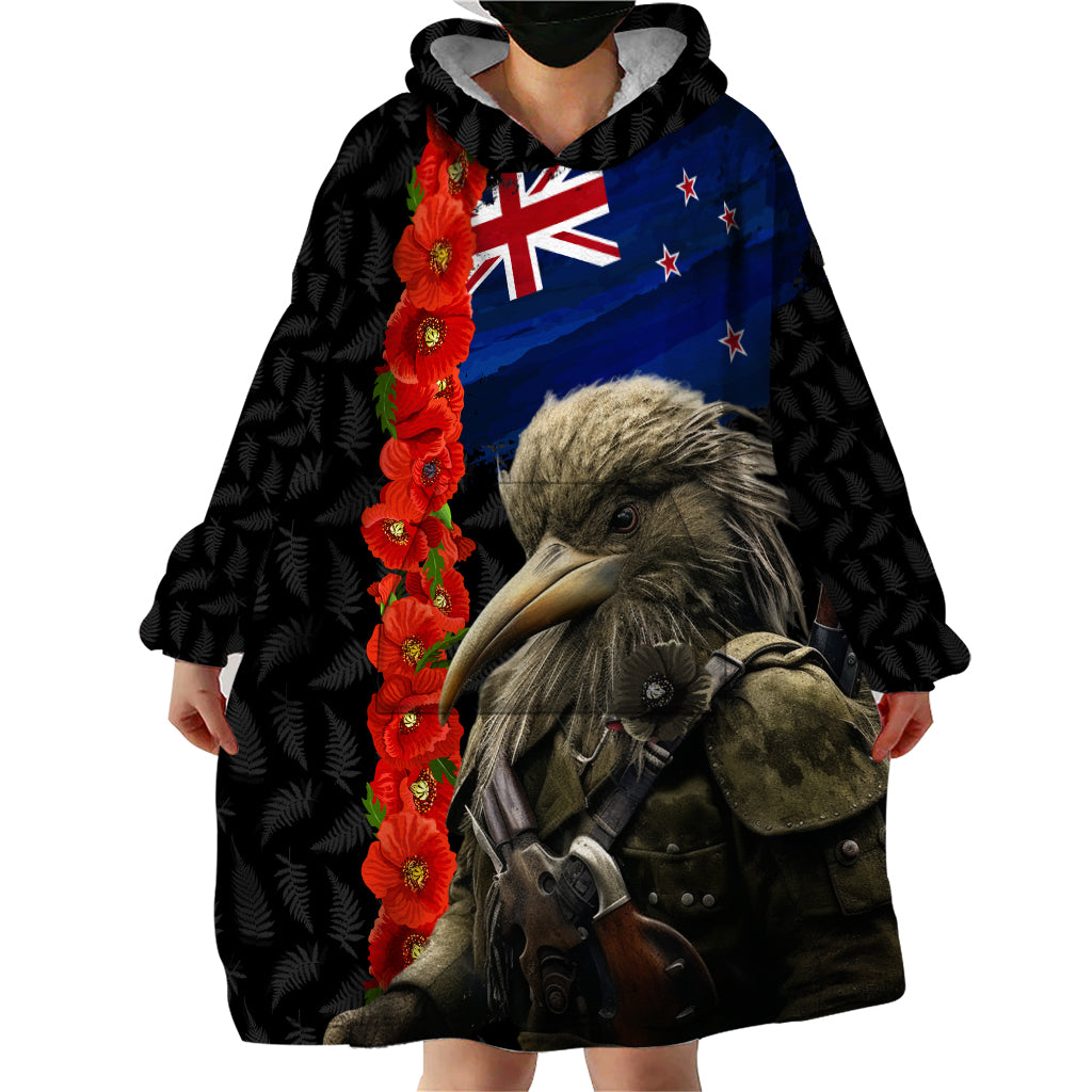 New Zealand Kiwi Soldier ANZAC Wearable Blanket Hoodie Red Poppy Flower and Silver Fern Pattern