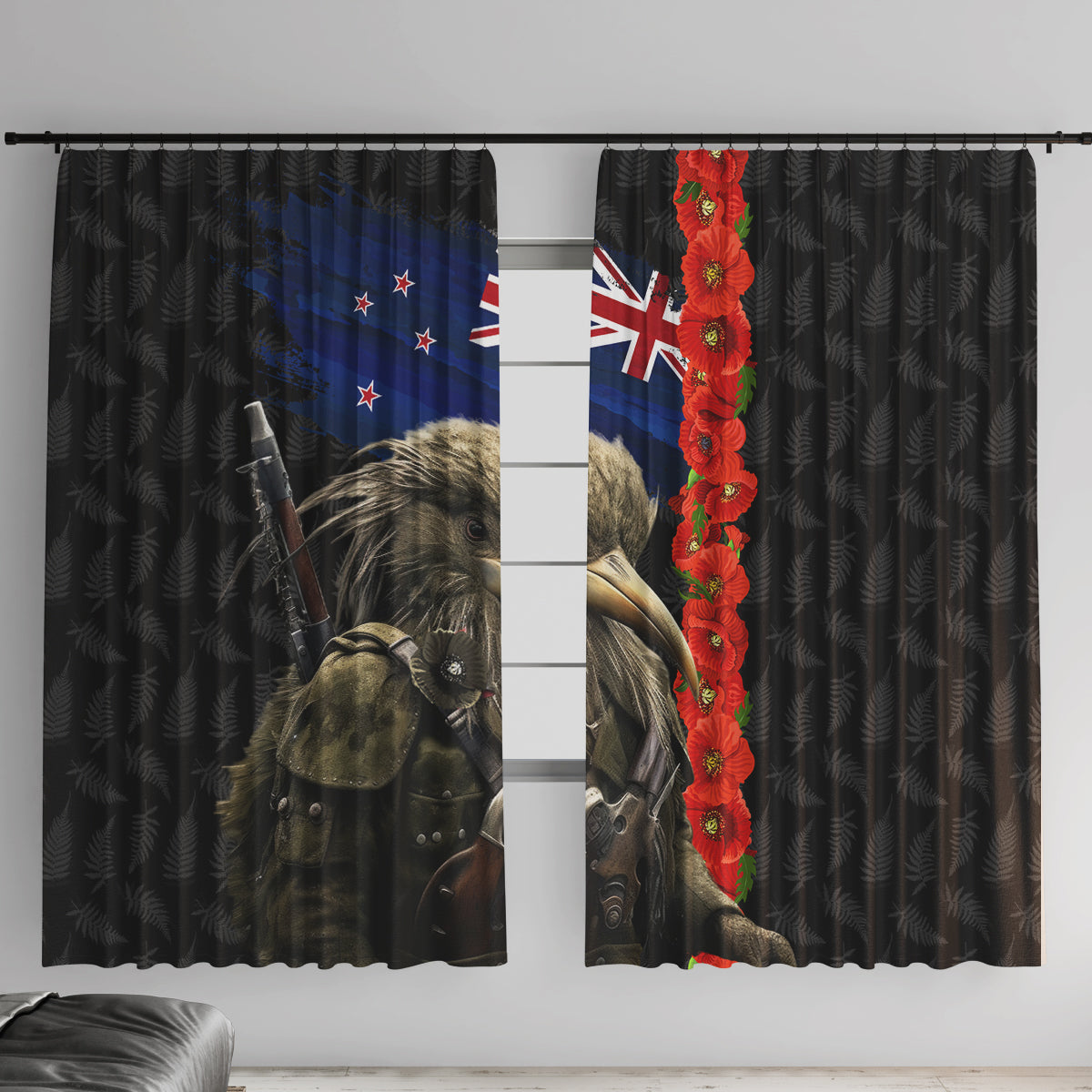 New Zealand Kiwi Soldier ANZAC Window Curtain Red Poppy Flower and Silver Fern Pattern
